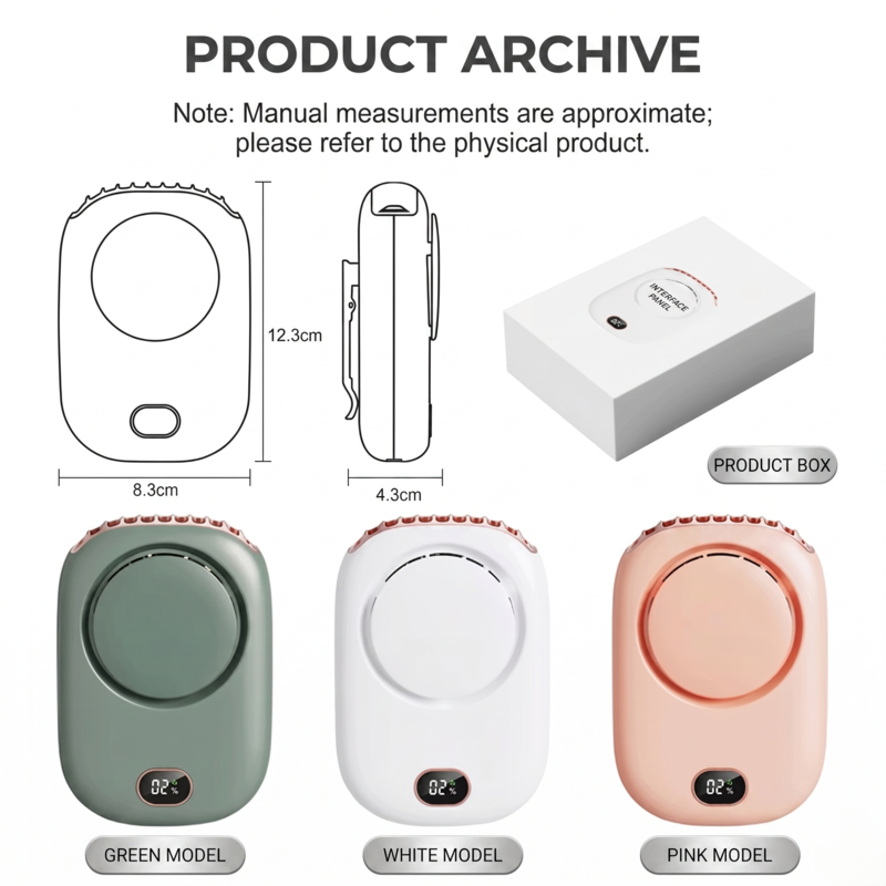 Technische Zeichnung mit Angabe der Abmessungen des Alphinea-Halsventilators (123 mm Höhe) und der Produktverpackung.