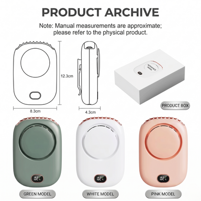 Technische Zeichnung mit Angabe der Abmessungen des Alphinea-Halsventilators (123 mm Höhe) und der Produktverpackung.