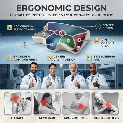 Diagram detailing the precision ergonomic support zones of the Alphinea pillow, highlighting the cervical support area, center cavity design, and side sleeping areas designed for restful sleep.
