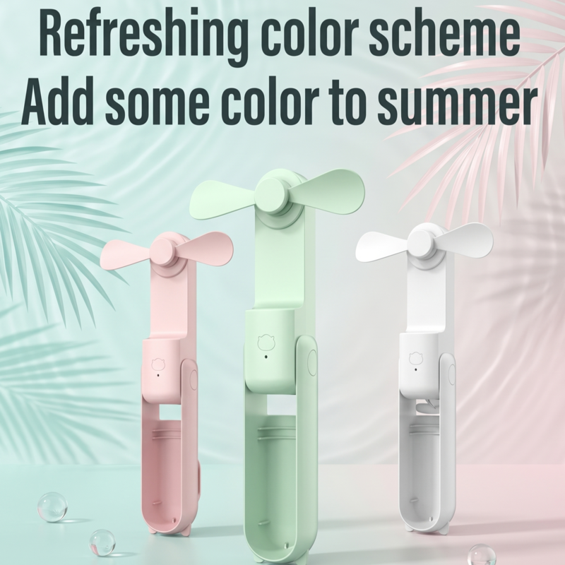 Three Alphinea high-power portable mini fans in pink, green, and white, standing partially unfolded on a pastel background