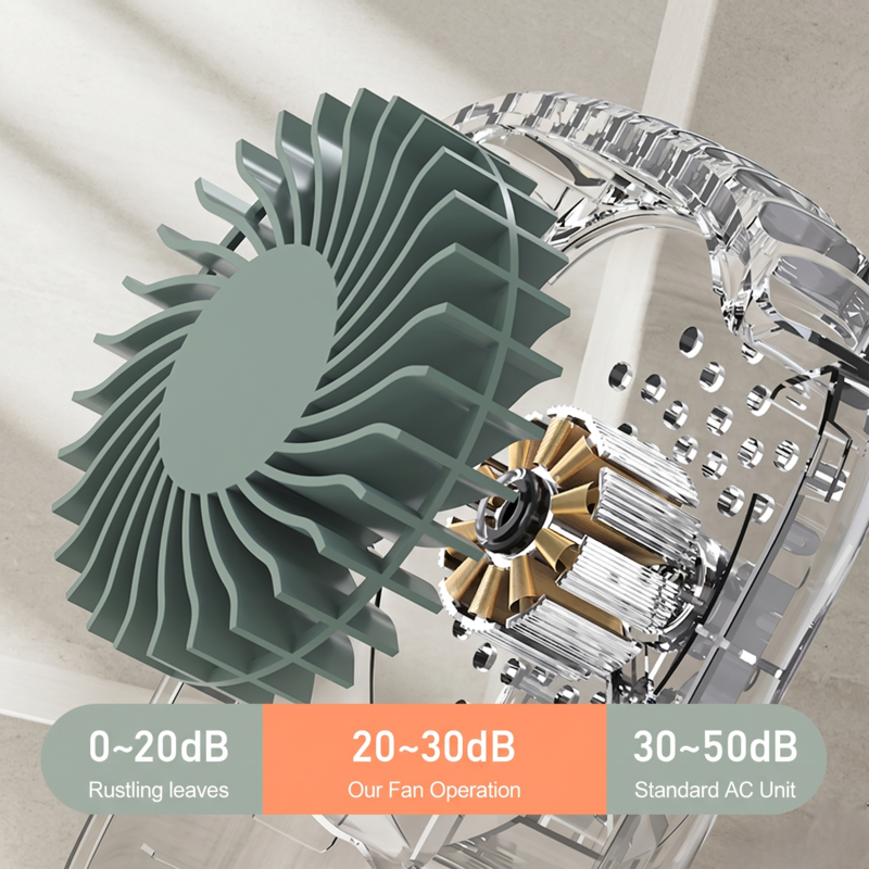 Transparente 3D-Ansicht des Alphinea-Lüftermotors, die einen leisen Betrieb mit einem Geräuschpegel zwischen 20 und 30 Dezibel zeigt.