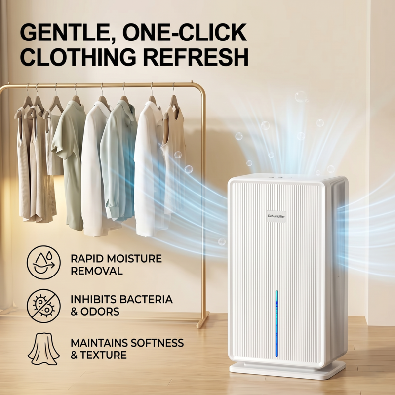White Alphinea heavy-duty dehumidifier in a laundry room setting, demonstrating the Rapid-Dry Laundry Mode for fast moisture extraction and gentle clothing refresh.