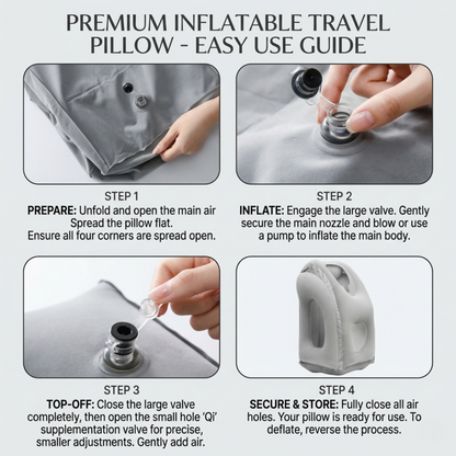 A visual four-step "Easy Use Guide" for the Alphinea premium inflatable travel pillow. Photographs of hands demonstrate how to prepare the pillow flat, inflate using the main nozzle, top-off the small valve for minor adjustments, and securely close the valve to lock in the desired firmness.