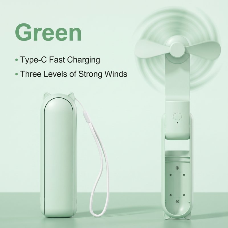 A green Alphinea portable fan displayed side-by-side in its folded and unfolded configurations with a lanyard