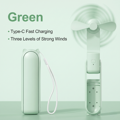 A green Alphinea portable fan displayed side-by-side in its folded and unfolded configurations with a lanyard