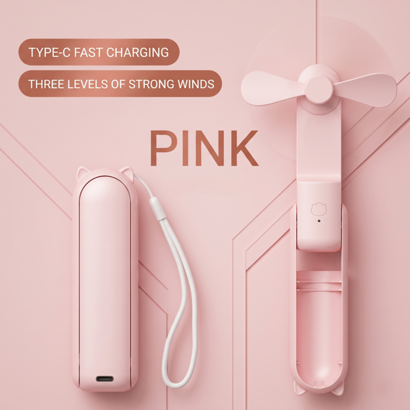 A pink Alphinea portable fan displayed in both a folded pill shape and an extended handheld position with a lanyard