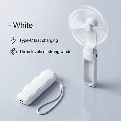 A white Alphinea portable fan shown in both its folded compact state and fully extended handheld position with an attached lanyard