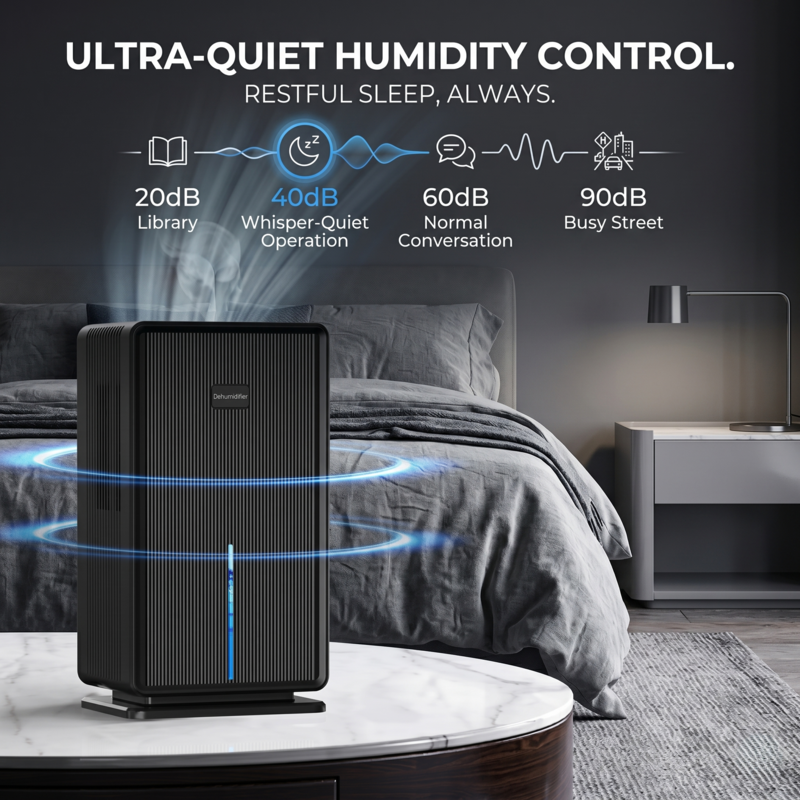 Black Alphinea compressor dehumidifier operating in a modern bedroom, featuring ultra-quiet 40dB humidity control for restful sleep and clinical air purity.