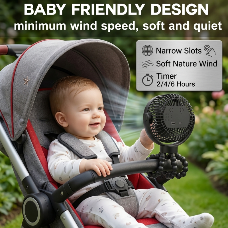 Close-up of the Alphinea fan showing a baby-friendly design with narrow safety slots, soft natural wind settings, and a built-in auto-off timer.