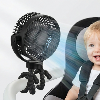 Alphinea black mini fan with flexible octopus tripod legs attached to a white stroller handle, cooling a smiling baby.
