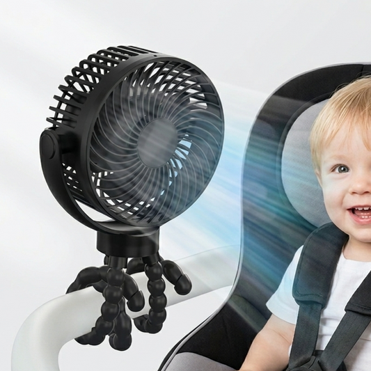 Alphinea Mini-Ventilator in Schwarz mit flexiblen Oktopus-Stativbeinen, befestigt an einem weißen Kinderwagengriff, kühlt ein lächelndes Baby.