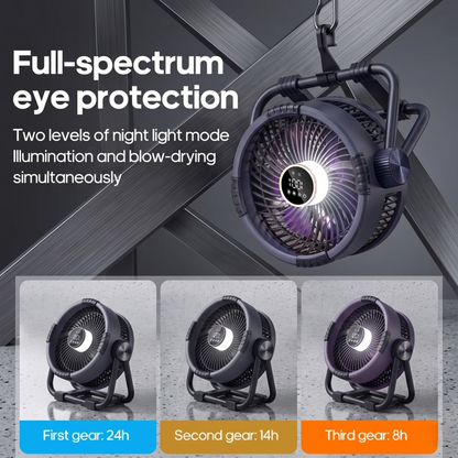 Alphinea camping fan with full-spectrum eye protection LED light and three adjustable brightness levels.