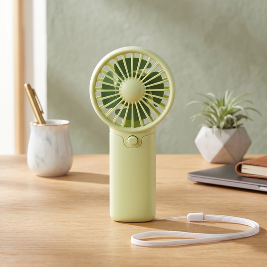 Alphinea  sage green cute portable fan standing on a wooden desk next to a plant and notebook.