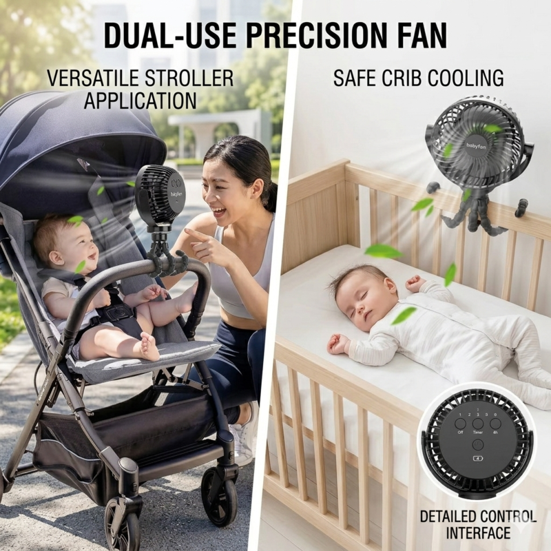 Side-by-side demonstration of the Alphinea precision fan used for versatile stroller cooling and safe crib attachment for sleeping infants.