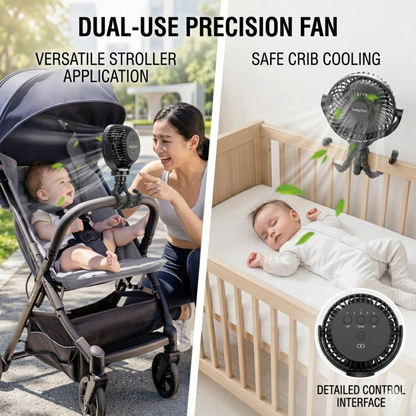 Side-by-side demonstration of the Alphinea precision fan used for versatile stroller cooling and safe crib attachment for sleeping infants.