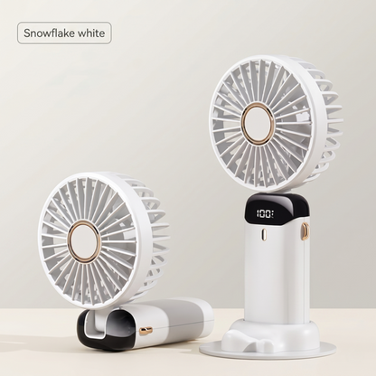 Snowflake white Alphinea foldable portable fan showing both standing and folded handheld positions.