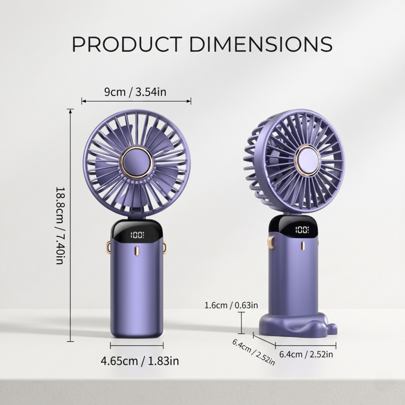 Technical diagram showing height and width dimensions of the Alphinea 5-speed foldable portable fan.