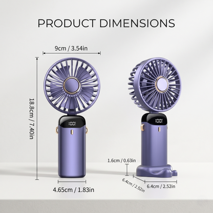 Technical diagram showing height and width dimensions of the Alphinea 5-speed foldable portable fan.