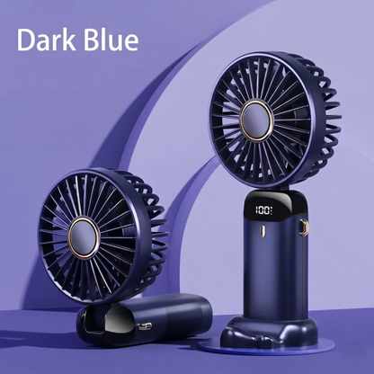 Alphinea USB handheld mini fan in Dark Blue, featuring a 5-speed rechargeable motor and digital display.
