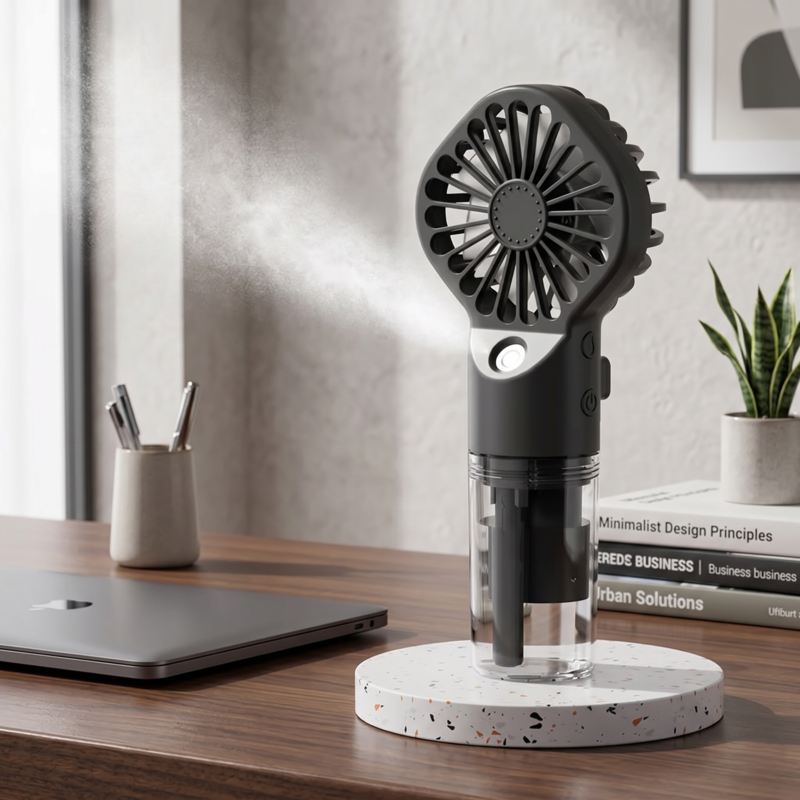 Black Alphinea handheld mist fan with humidifier standing on a desk in an office setting.