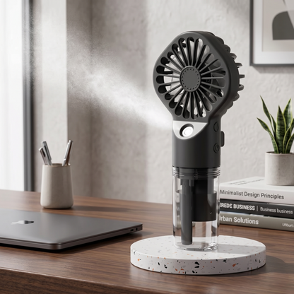 Black Alphinea handheld mist fan with humidifier standing on a desk in an office setting.