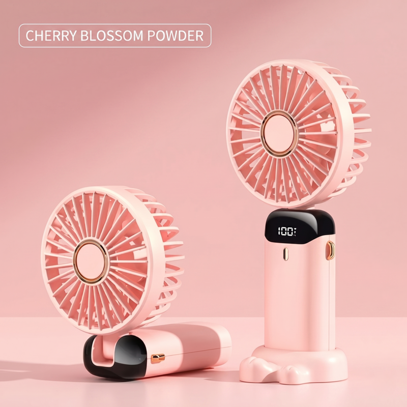 Cherry blossom pink Alphinea 5-speed rechargeable fan, compact and foldable design for easy storage.