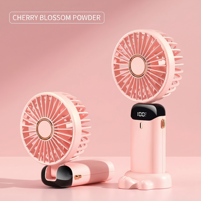 Cherry blossom pink Alphinea 5-speed rechargeable fan, compact and foldable design for easy storage.