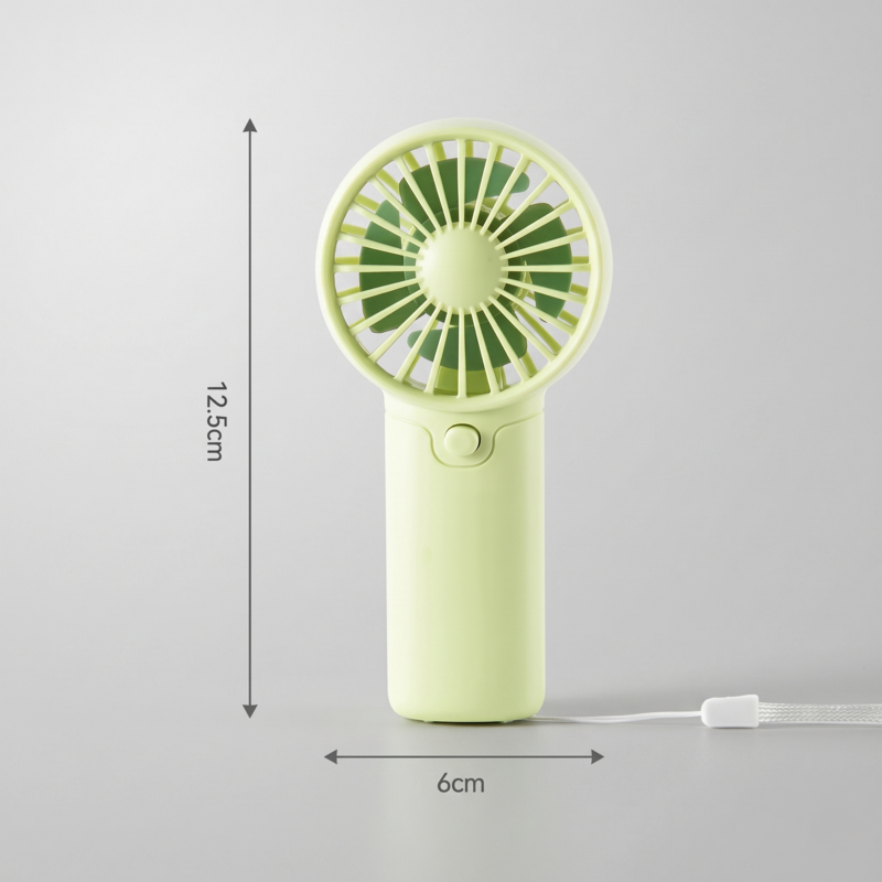 Product dimensions for the Alphinea mini fan showing a height of 13.5cm and width of 6cm.
