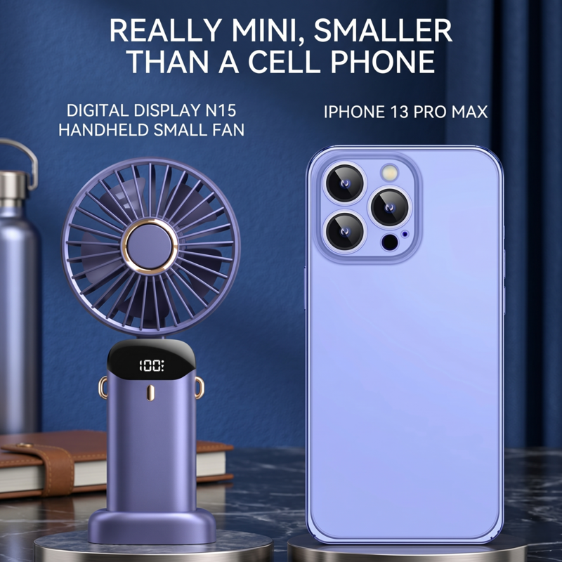 Size comparison of Alphinea mini fan showing it is smaller and more compact than a standard smartphone.