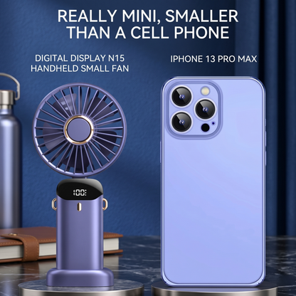 Size comparison of Alphinea mini fan showing it is smaller and more compact than a standard smartphone.