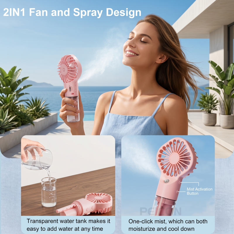 Alphinea pink mini handheld mist fan showing the transparent water tank and facial spray usage.