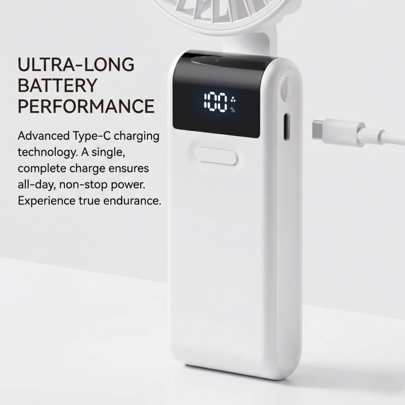 Close-up of the Alphinea portable fan showing the Type-C charging port and "Ultra-Long Battery Performance" text, highlighting all-day non-stop power.