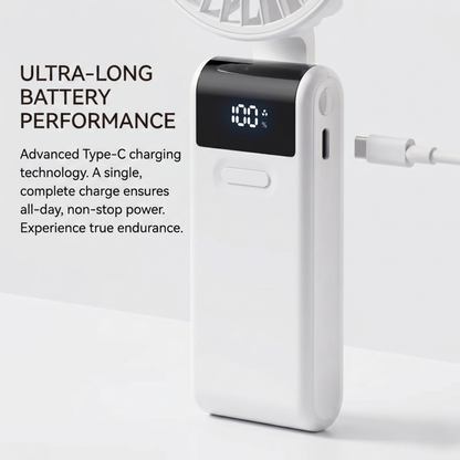 Close-up of the Alphinea portable fan showing the Type-C charging port and "Ultra-Long Battery Performance" text, highlighting all-day non-stop power.