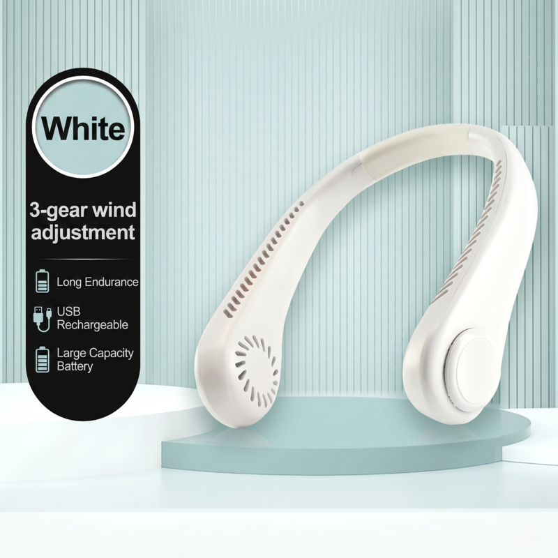 White mini neck mounted fan with 3-speed wind adjustment and USB rechargeable port on a clean clinical botanical background.