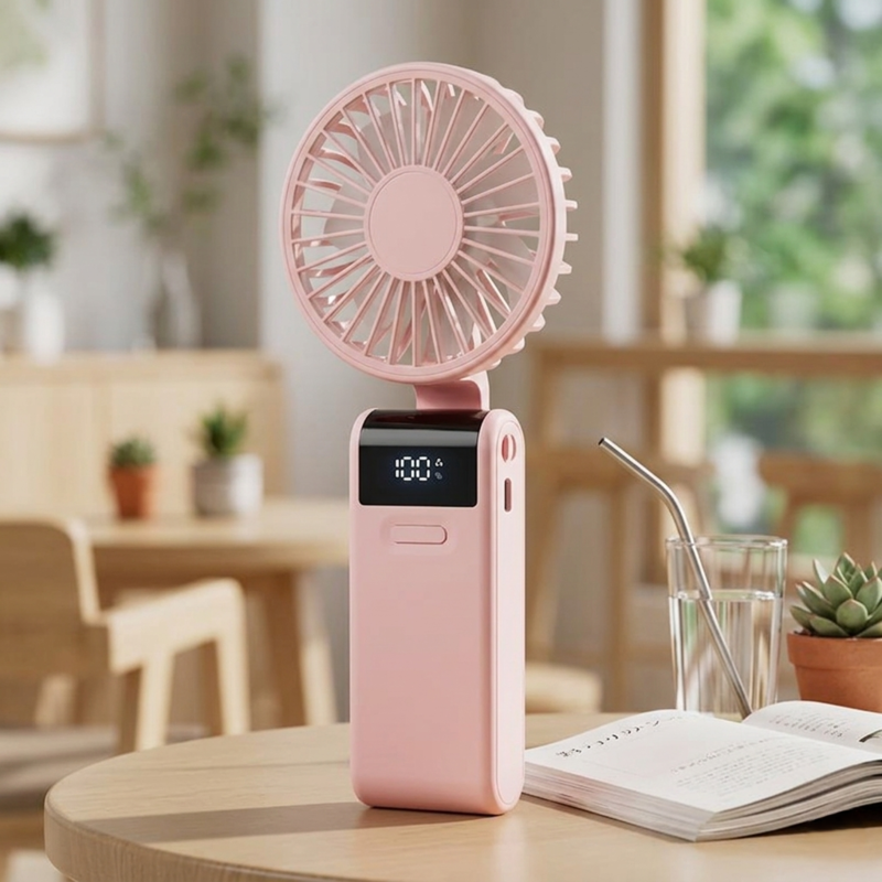 Alphinea foldable mini desk fans available in Pink , featuring a sleek modern design with digital power displays for home or office use.