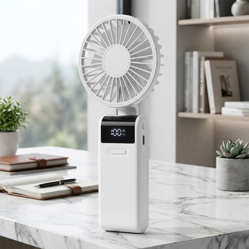Alphinea foldable mini desk fans available in white , featuring a sleek modern design with digital power displays for home or office use.