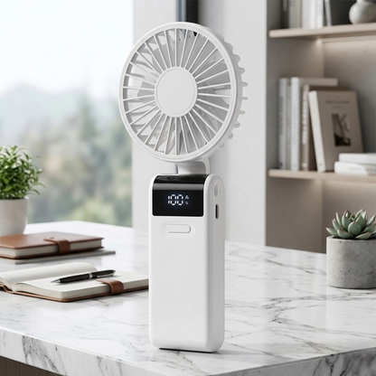 Alphinea foldable mini desk fans available in white , featuring a sleek modern design with digital power displays for home or office use.