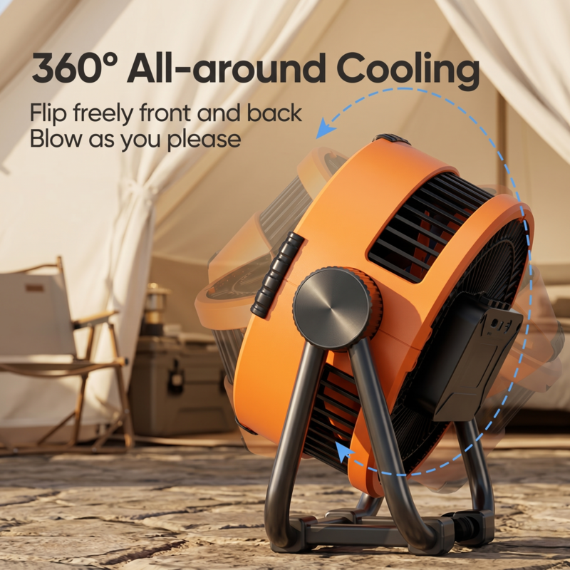 Alphinea portable outdoor fan showing 360-degree adjustable tilt for versatile cooling in a camping tent.