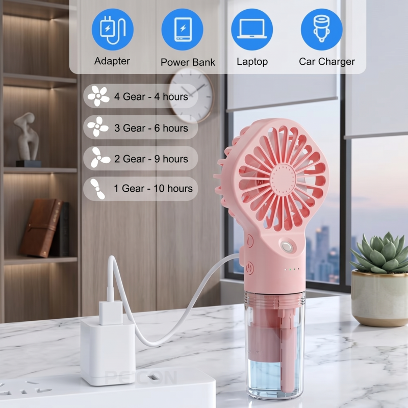 Alphinea portable fan with humidifier connected to a USB power bank and laptop for charging.