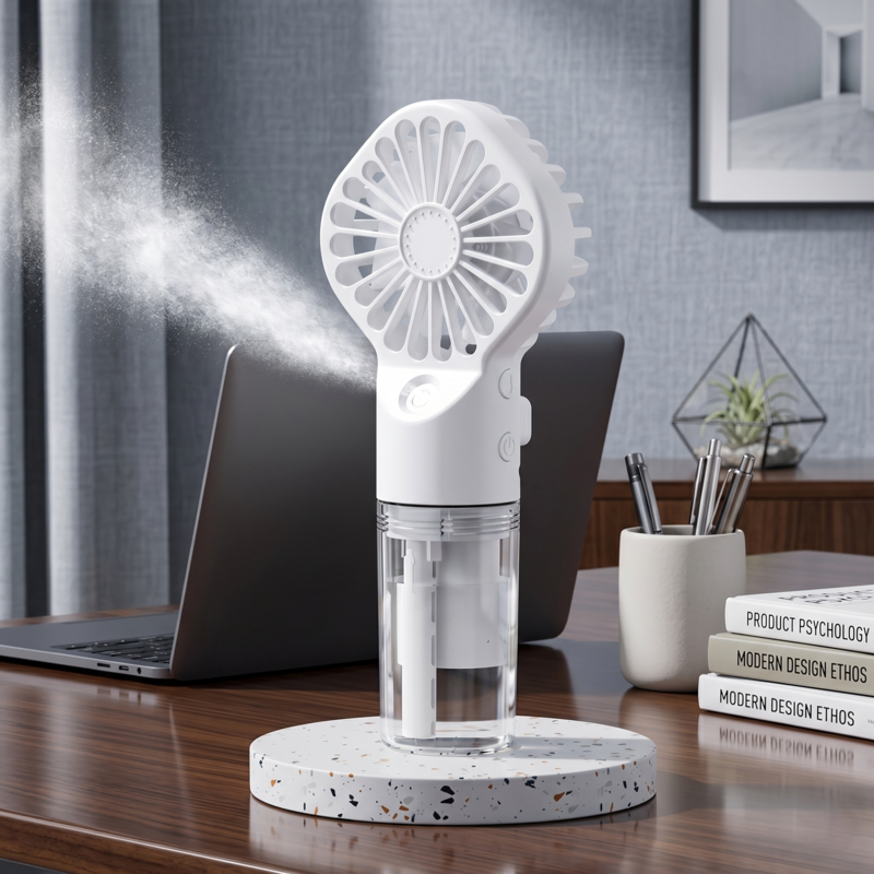 White Alphinea portable humidifier fan on a desk emitting a cool mist spray near a laptop.