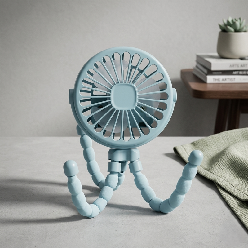 Alphinea portable mini fan in a light blue color with adjustable flexible legs, placed on a desk next to a book and a small plant.