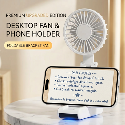 Alphinea Premium 3-in-1 portable neck fan and foldable desk fan acting as a smartphone holder on a white office desk.