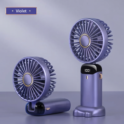 Violet purple Alphinea foldable portable neck hanging fan with built-in phone stand for travel comfort.