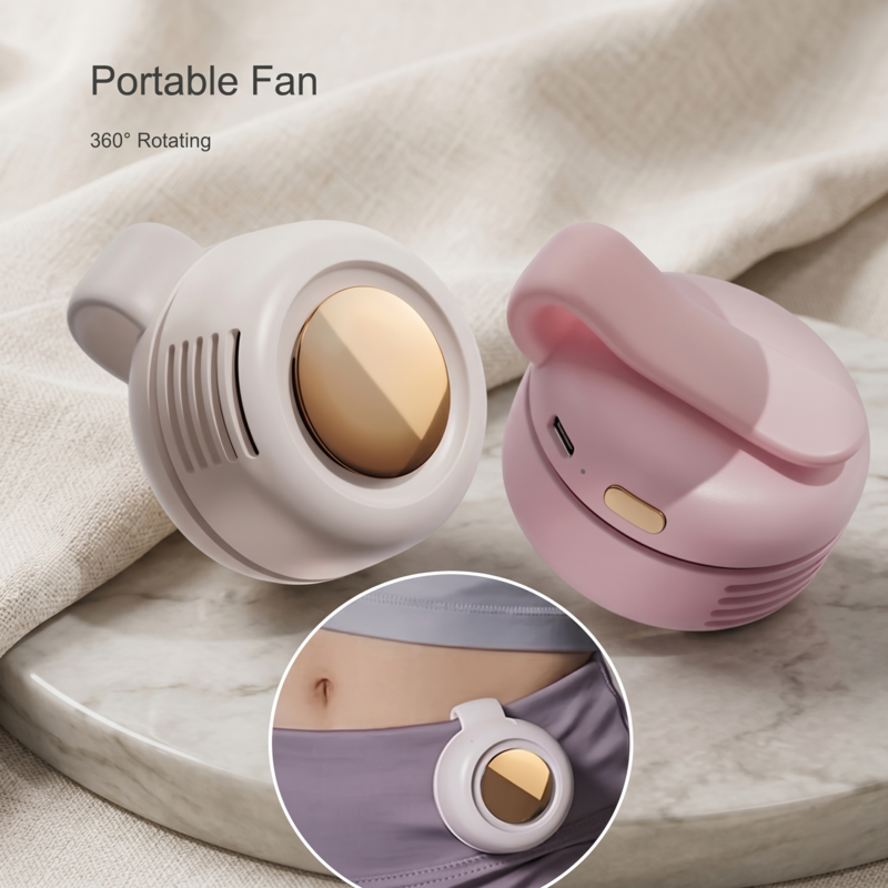 Alphinea Mini Whirlwind portable fans displayed in white and pink, showing the compact snap-on waist clip design.