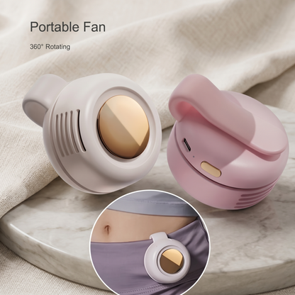 Alphinea Mini Whirlwind portable fans displayed in white and pink, showing the compact snap-on waist clip design.