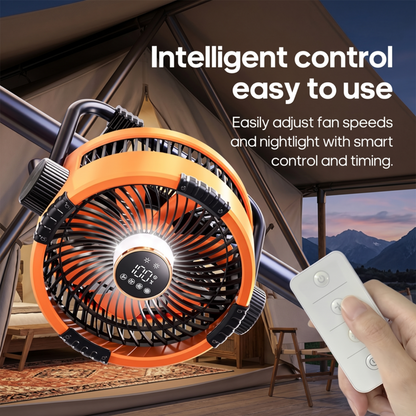 Close-up of Alphinea rechargeable fan with digital display, remote control, and smart timing features.