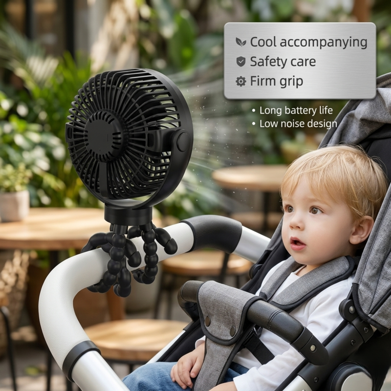 Alphinea black mini fan with a firm-grip tripod base attached to a stroller handle, highlighting safety-care and long battery life for newborns.