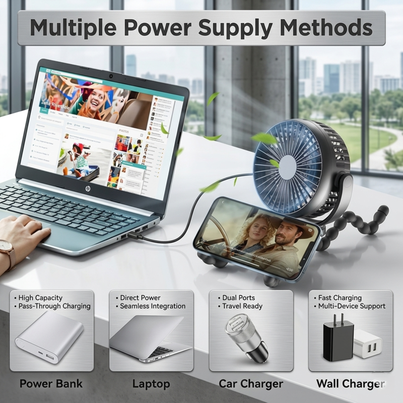 Alphinea mini fan showing multiple power supply methods including power bank, laptop, car charger, and wall outlet while functioning as a mobile phone holder.