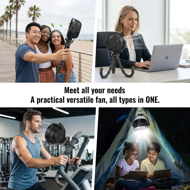 A practical versatile fan by Alphinea used as a desk fan for laptops, a phone holder for selfies, a gym fan on a treadmill, and a camping light in a tent.