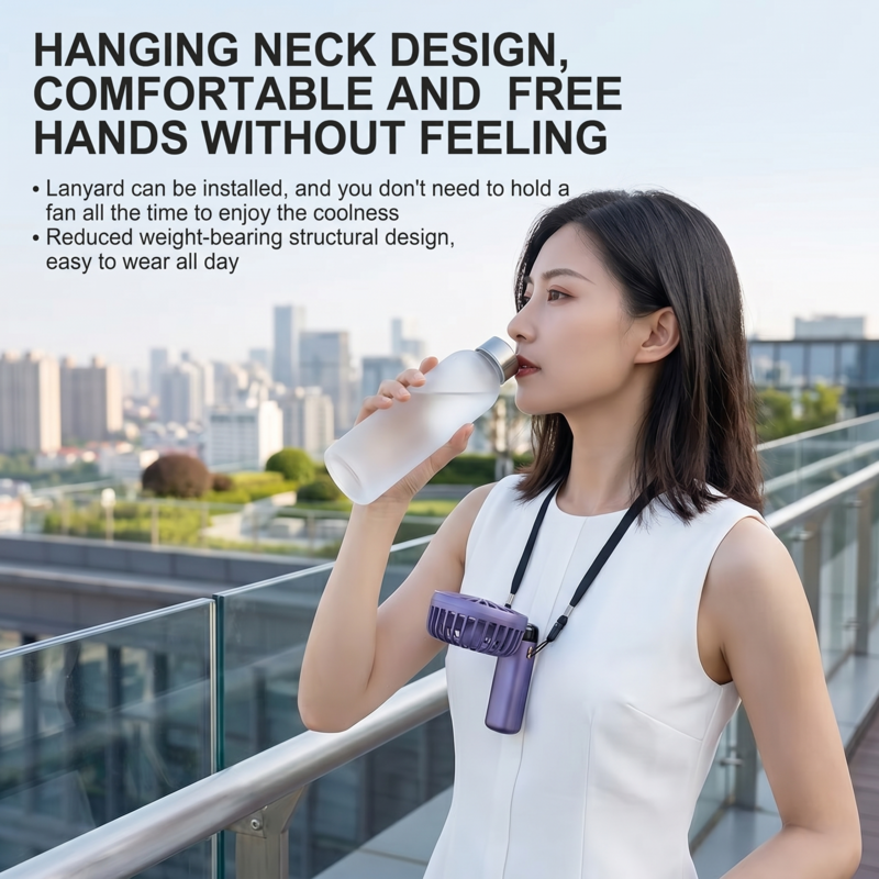 Woman wearing the Alphinea portable neck hanging fan outdoors for hands-free cooling during travel.